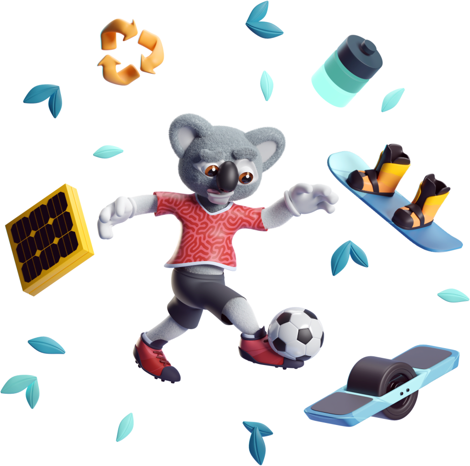 Illustration of Kody the Koala kicking a soccer ball surrounded by green leaves, a battery, a onewheel, a snowboard, a solar panel, and a recycle logo.