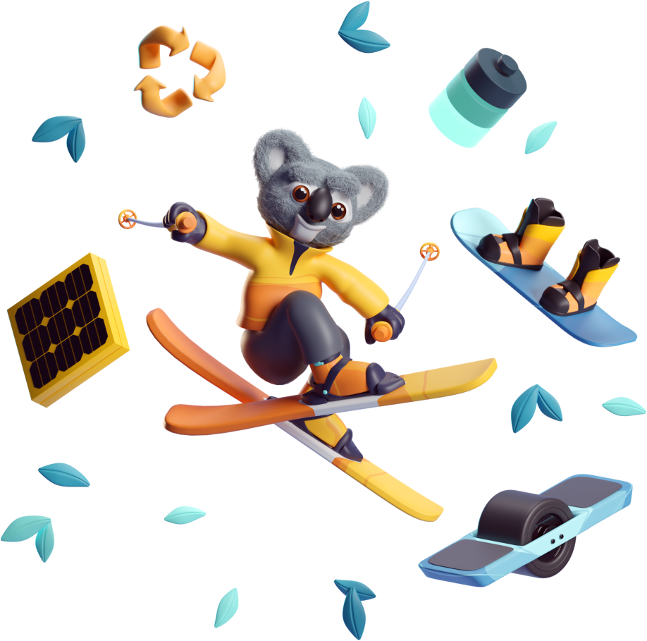Illustration of Kody the Koala skiing surrounded by green leaves, a battery, two skies, a one-wheel, a solar panel, and a recycle logo.
