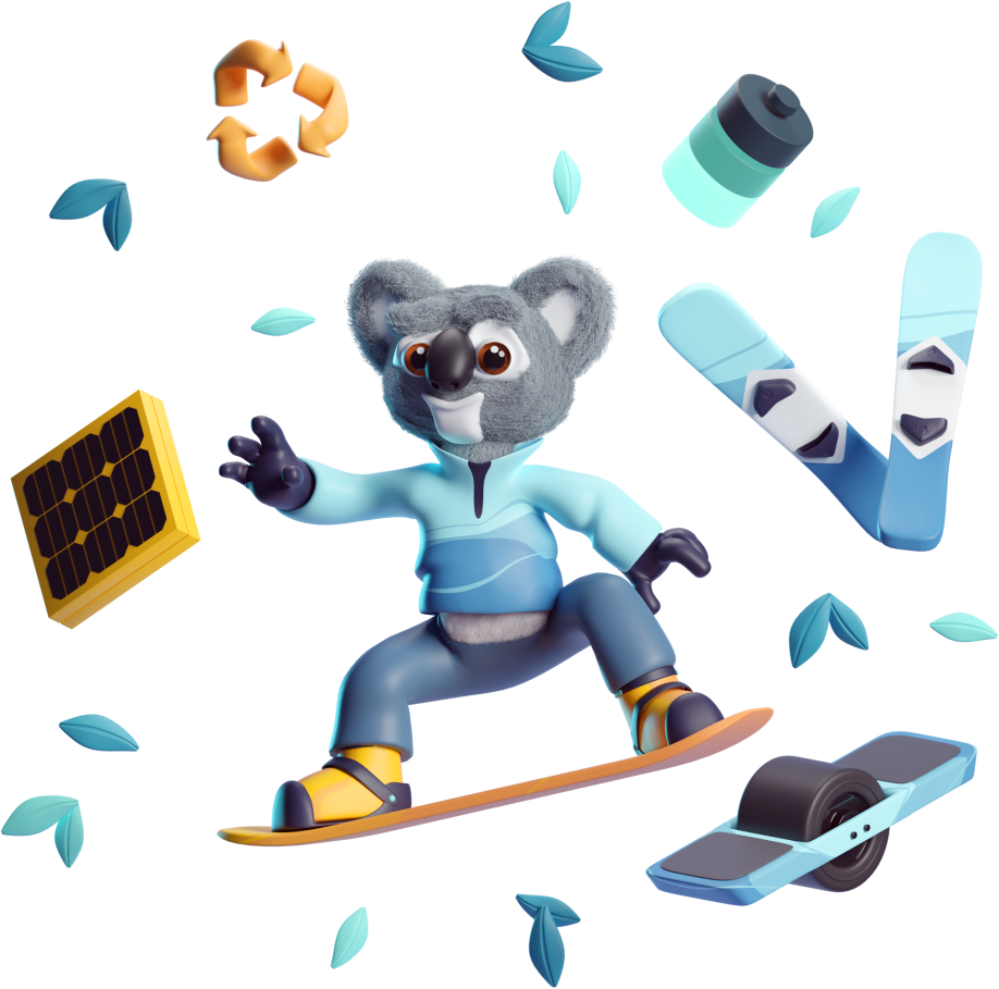 Illustration of Kody the Koala standing on a snowboard surrounded by green leaves, a battery, two skies, a one-wheel, a solar panel, and a recycle logo.
