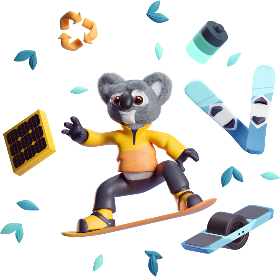 Illustration of Kody the Koala standing on a snowboard surrounded by green leaves, a battery, two skies, a one-wheel, a solar panel, and a recycle logo.