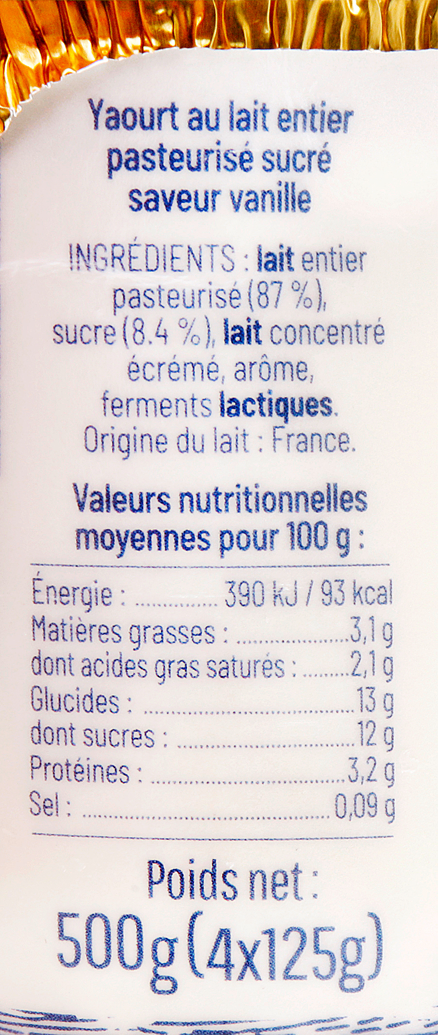 Yaourt aromatisé à la vanille 4x125g, Lait de vache