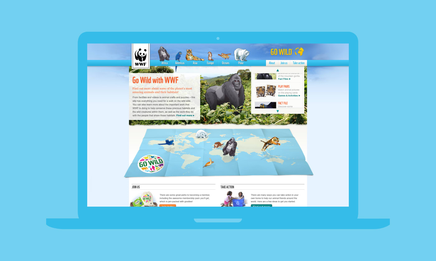 A section of the home screen from the 'WWF – Go Wild' desktop website.