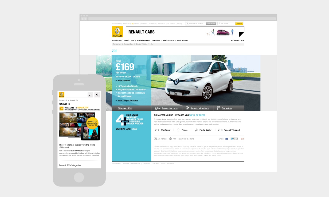 A montage of mobile and desktop screenshots showcasing designs made for the Renault UK website.