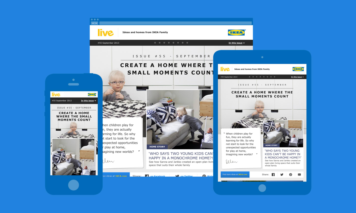 A montage of mobile and desktop screenshots showcasing designs made for the IKEA Family Live website.