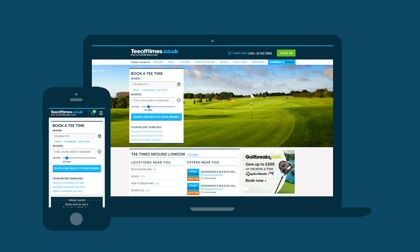 A montage of mobile and desktop screenshots showcasing designs made for the TeeOffTimes website.