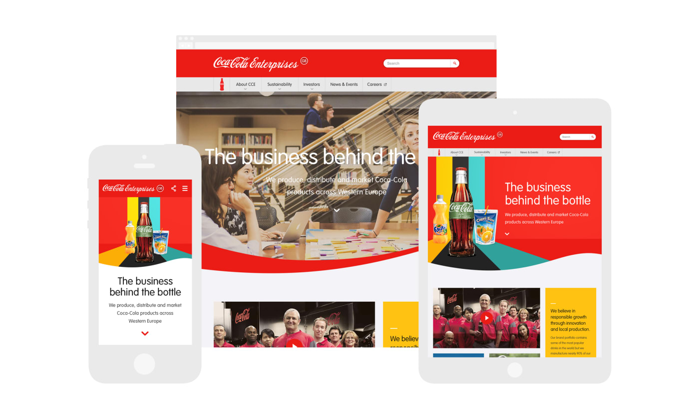 A montage of mobile, tablet and desktop screenshots showcasing designs made for the Coca-Cola Enterprises site.