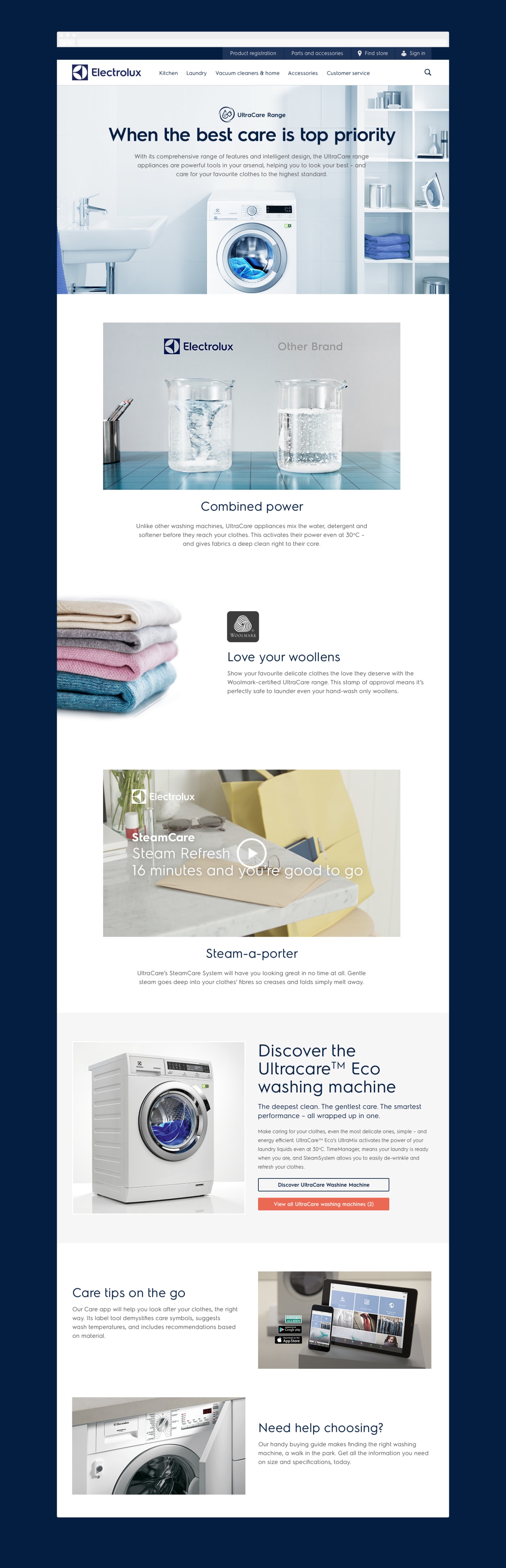 A full view of an image-rich landing screen experience promoting fabric care.