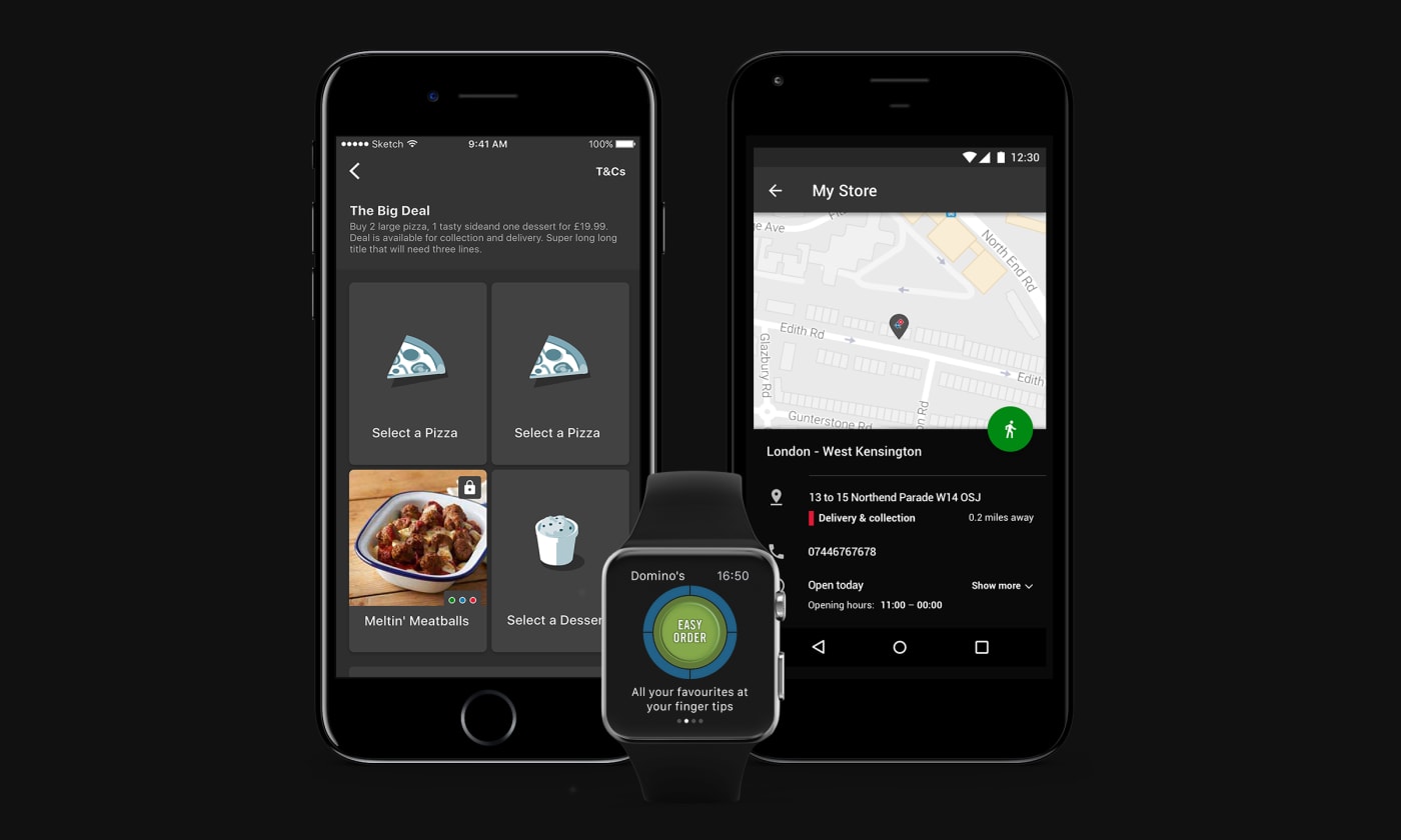 Various screenshots of the Dominos UK app on iOS and Android.