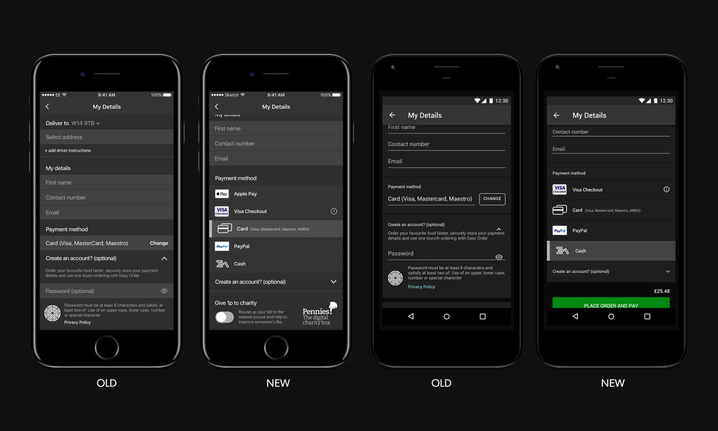 Before and after variant tests for payment improvements on both iOS and Android apps.