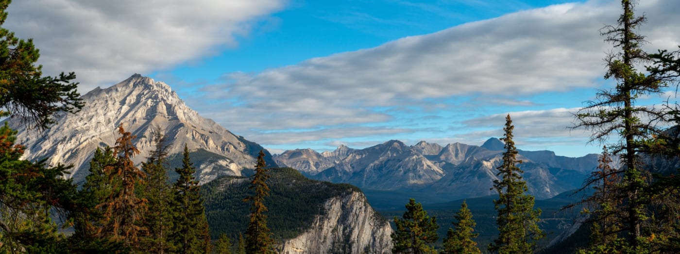 Panoramic view of the Canadian Rockies from the top of Sulphur Mountain.