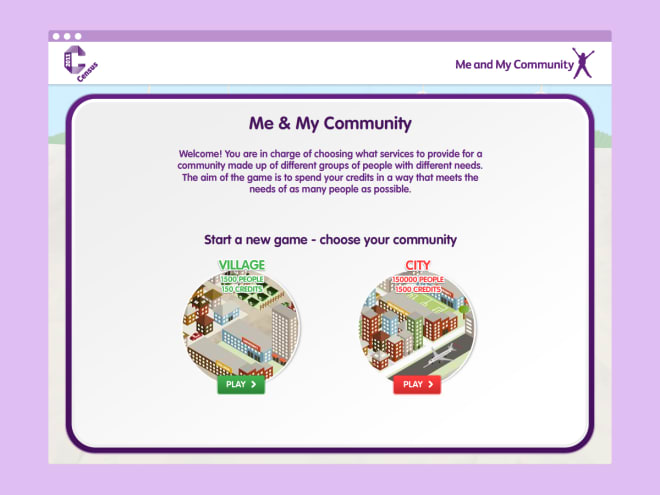 Start screen from the 'Me And My Community' Flash desktop game.