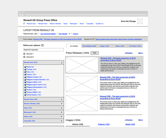 Wireframe for a proposed improvement to the 'Renault UK Press Office' website.