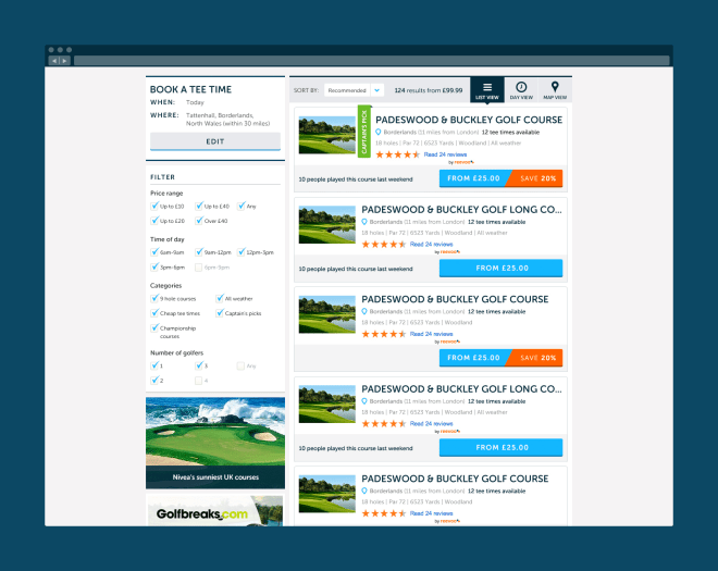 Product listing view for different courses a user could book.