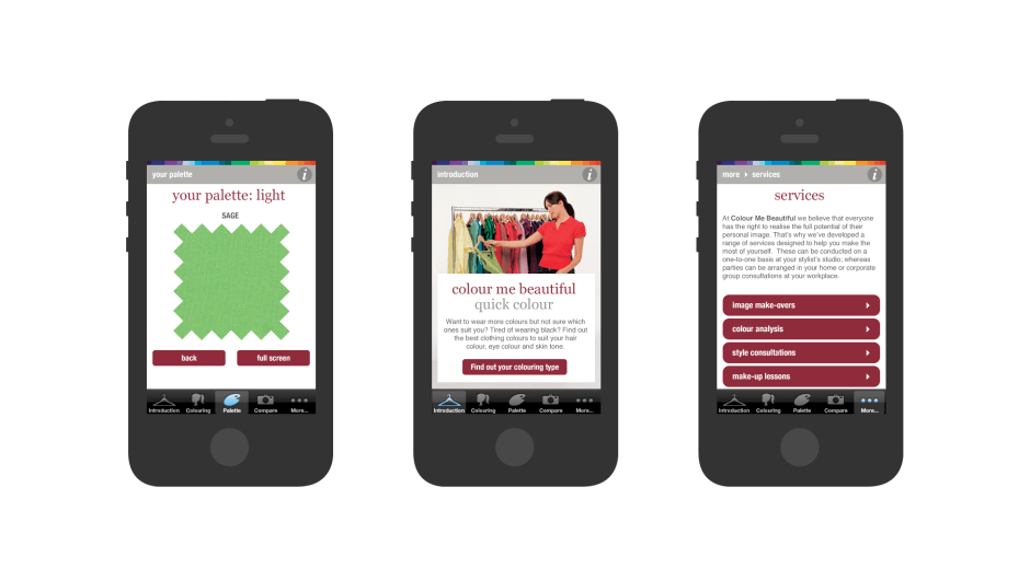 Various screenshots of the 'Colour Me Beautiful' iOS app.