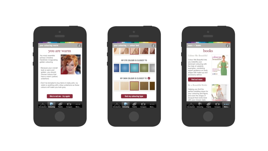 Various screenshots of the 'Colour Me Beautiful' iOS app.