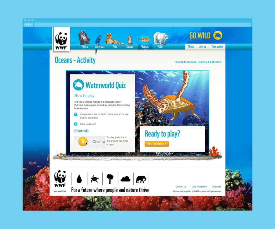 Screenshot of the 'Waterworld quiz' introduction where children could learn about marine life.