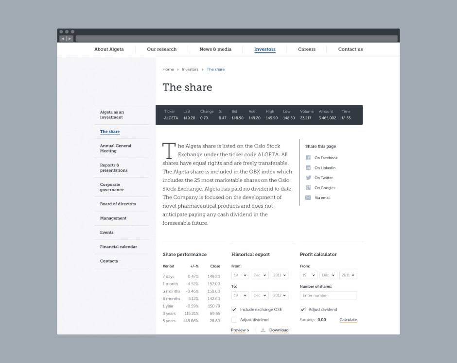 A bespoke content screen educating users on Algeta stock options.