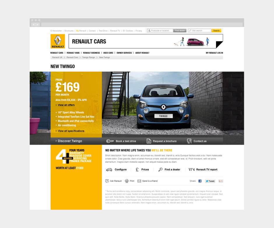 A screen showing an updated and more visual design for the Twingo car range.