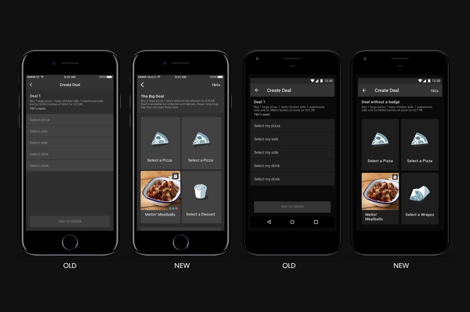 Before and after variant tests for meal deal selection on both iOS and Android apps.