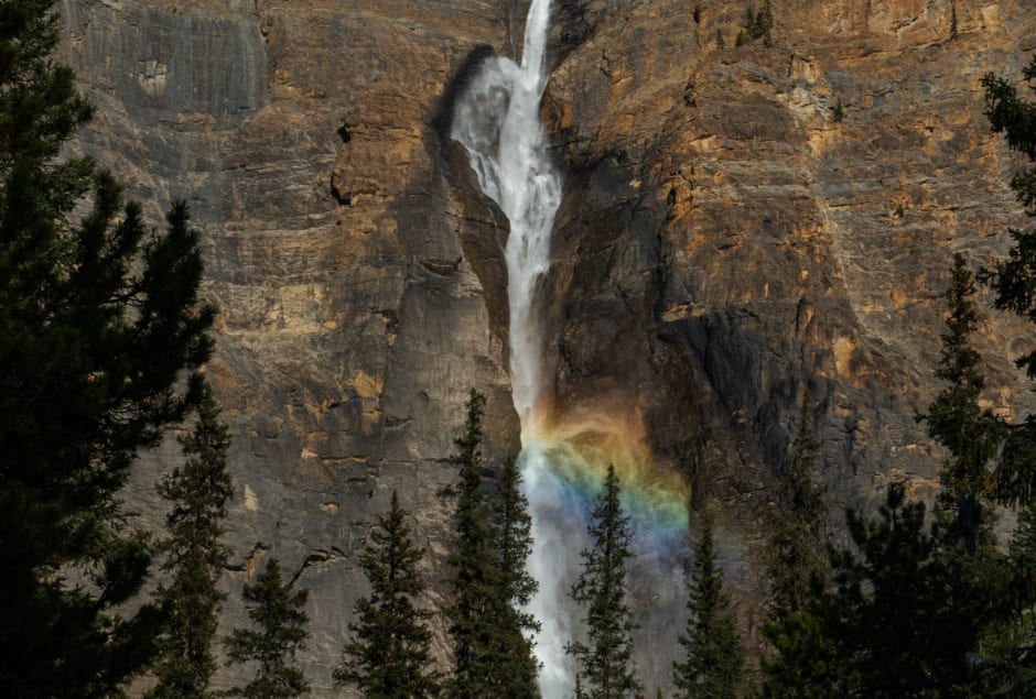 A rainbow formed in front of Takakkaw Falls, Yoho National Park.