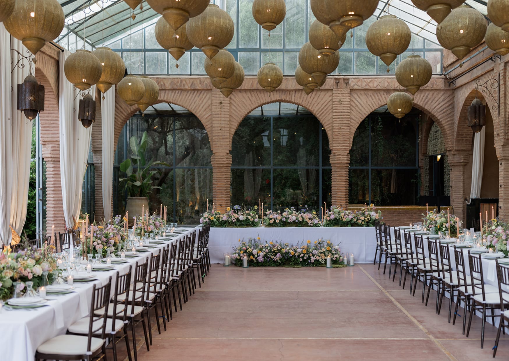 Wedding tables setting in beautiful interior place
