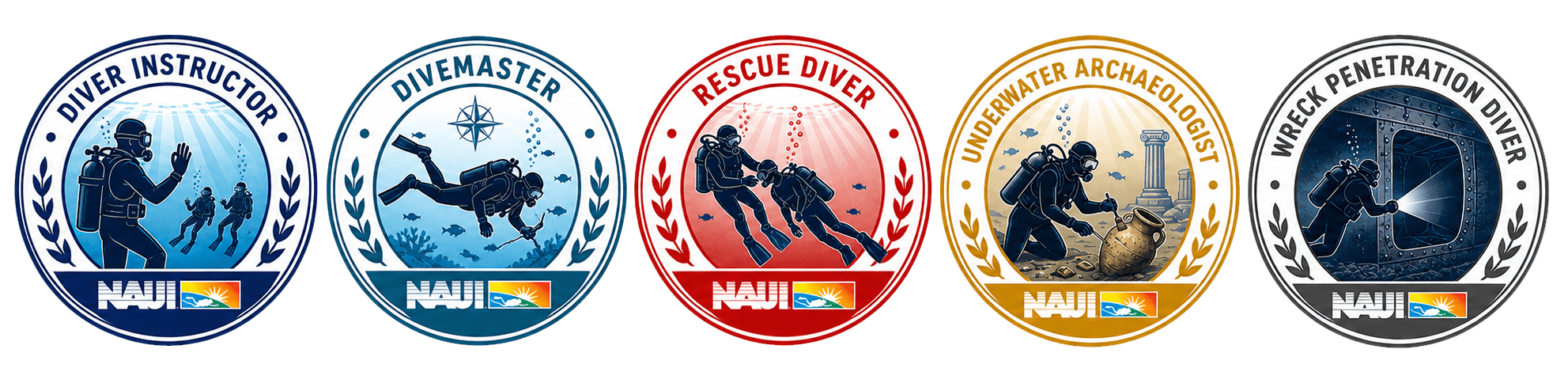 NAUI certification badges: Diver Instructor, Divemaster, Rescue Diver, Underwater Archaeologist, Wreck Penetration Diver