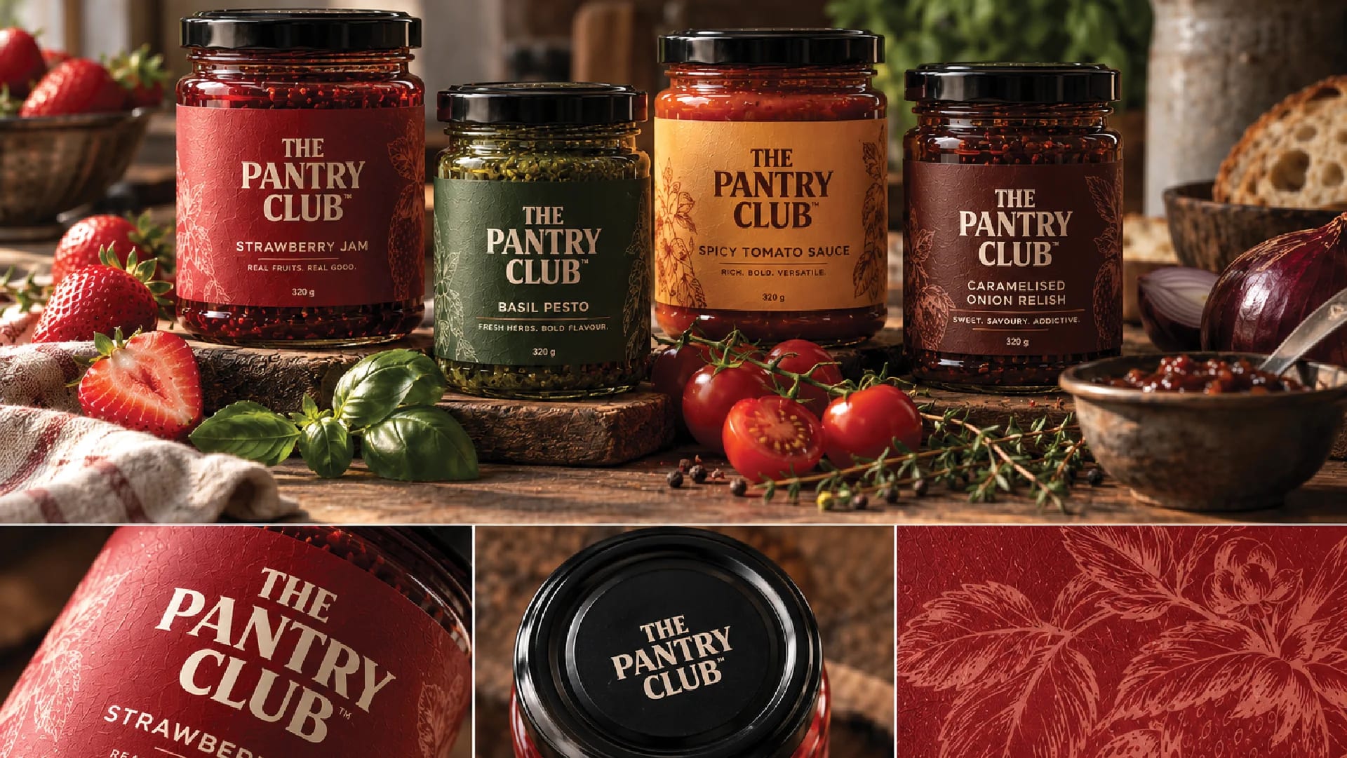 The Pantry Club packaging range with bespoke botanical labels and rich colours