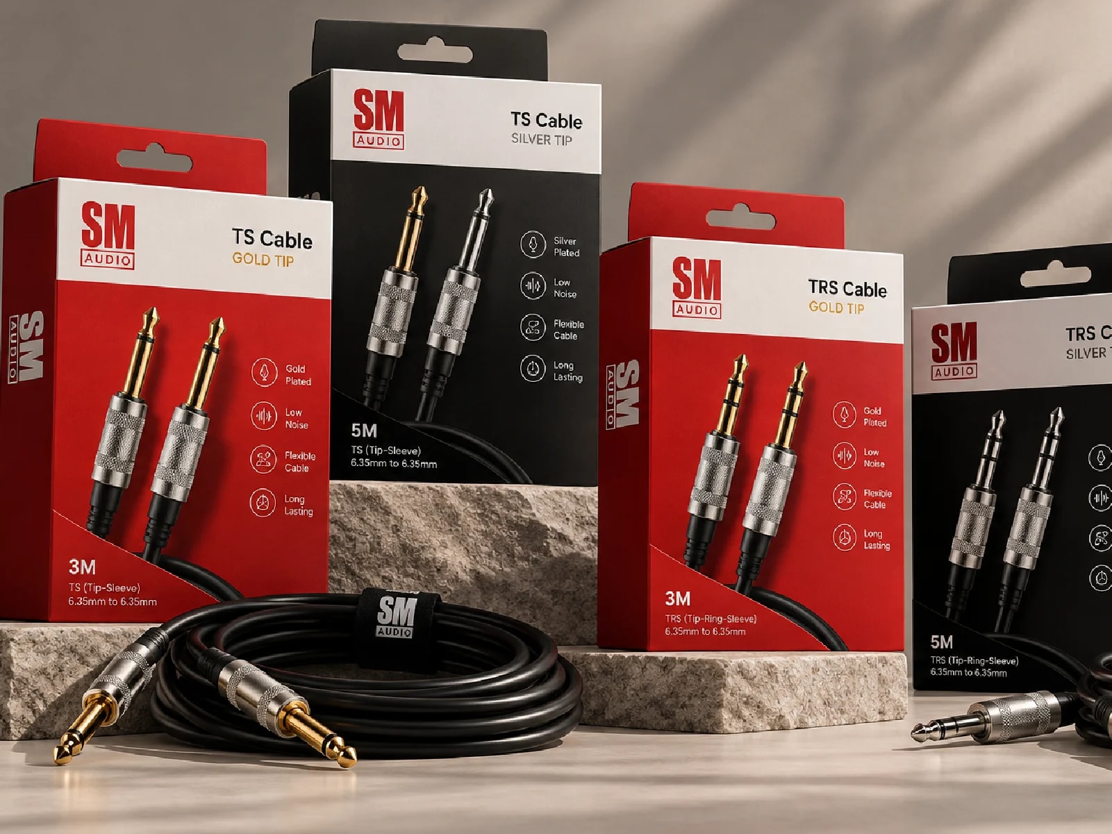 SM Audio TS and TRS cable retail hanging packaging on stone plinths with coiled audio cable