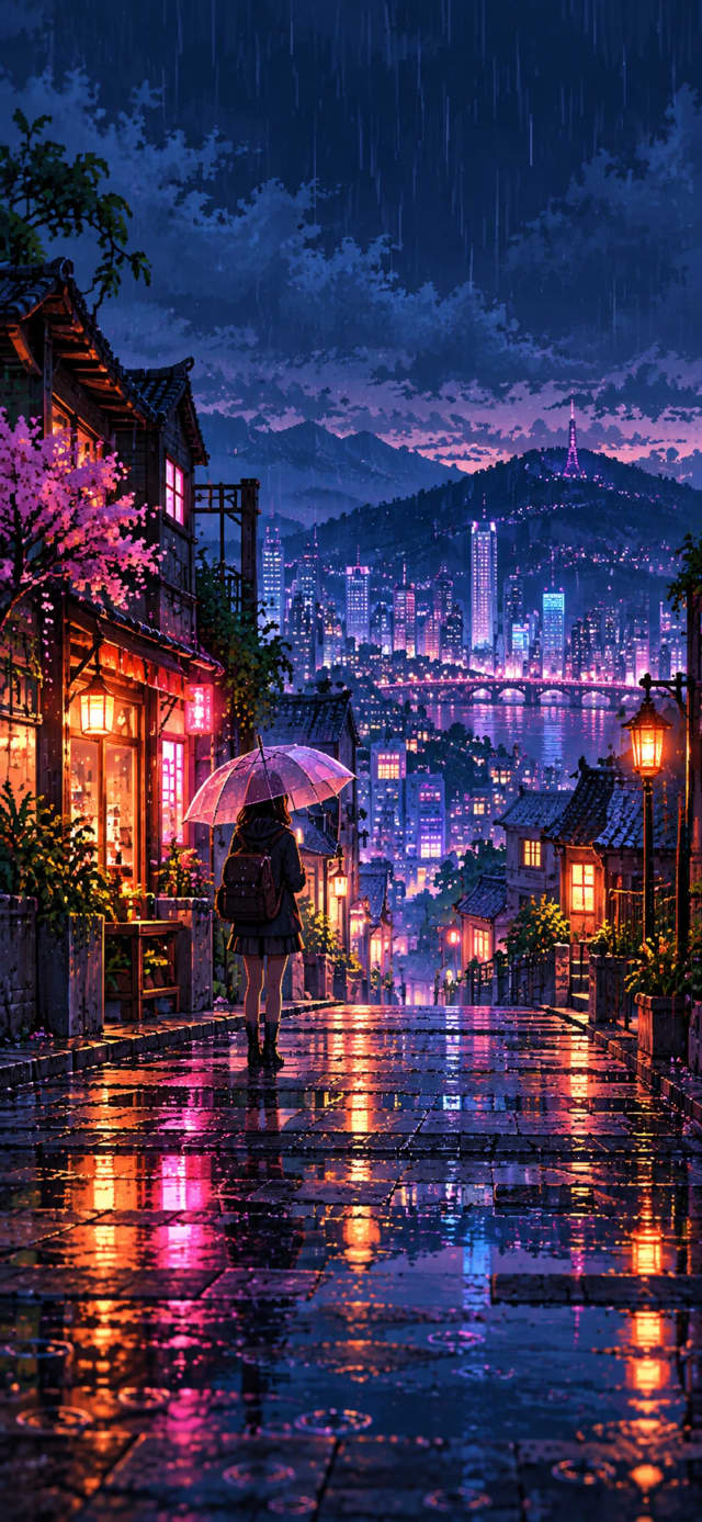 Pixel Rain City wallpaper