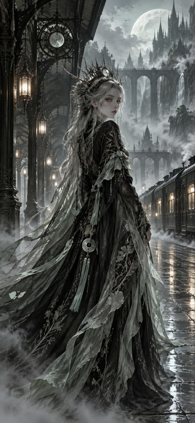 Bone Choir Herald — Last Train Platform · pale jade and ink black mist-veiled silence wallpaper