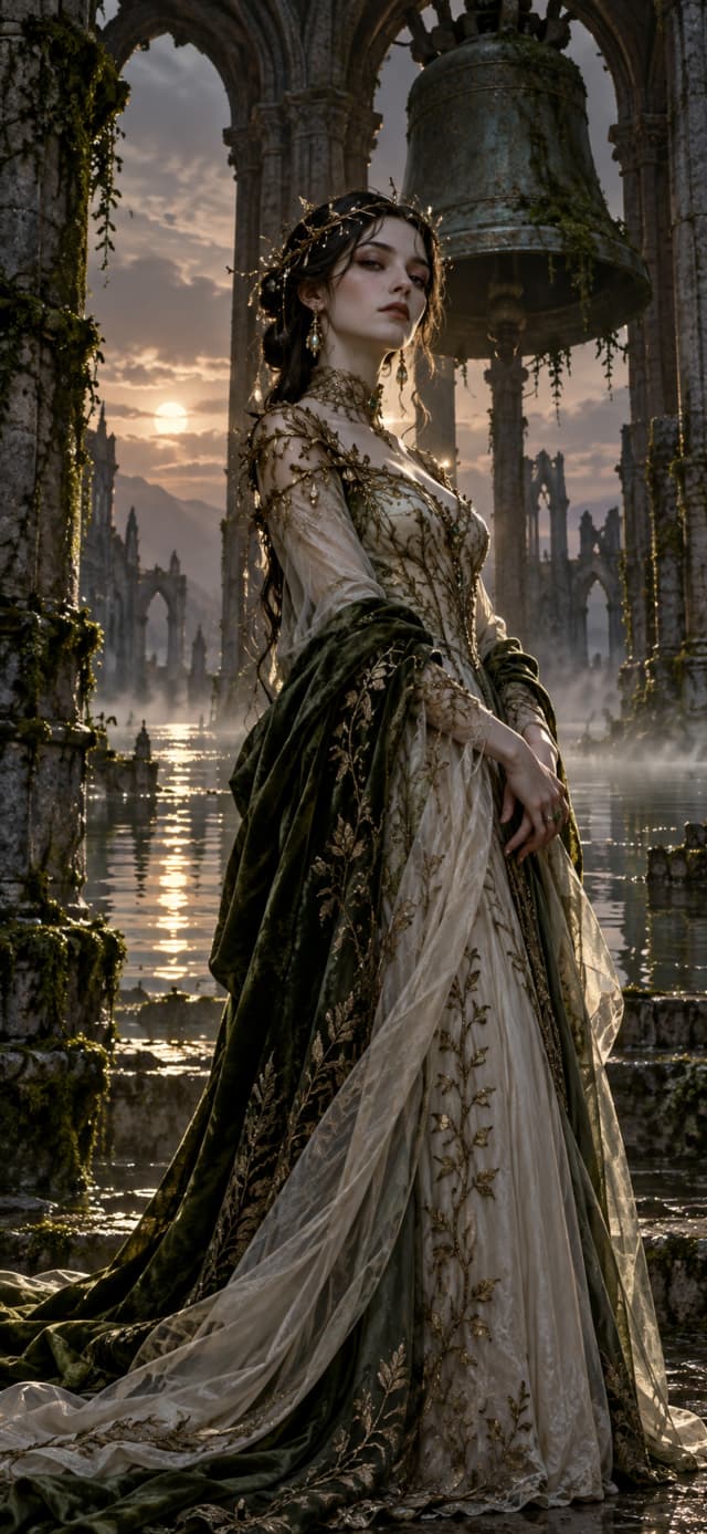 Widow of the Red Keep — Flooded Bell Tower · bone white and moss green velvet dusk wallpaper