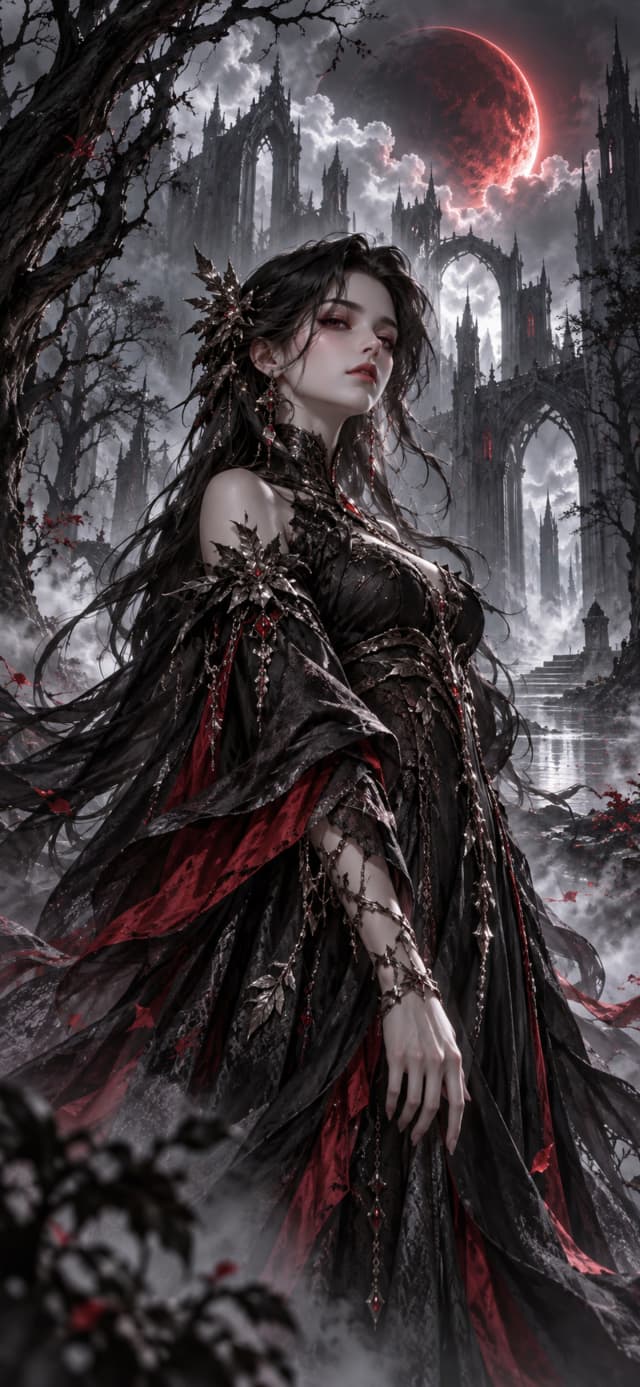 Obsidian Huntress — Hollow Forest · monochrome with one crimson accent storm-glass glow wallpaper