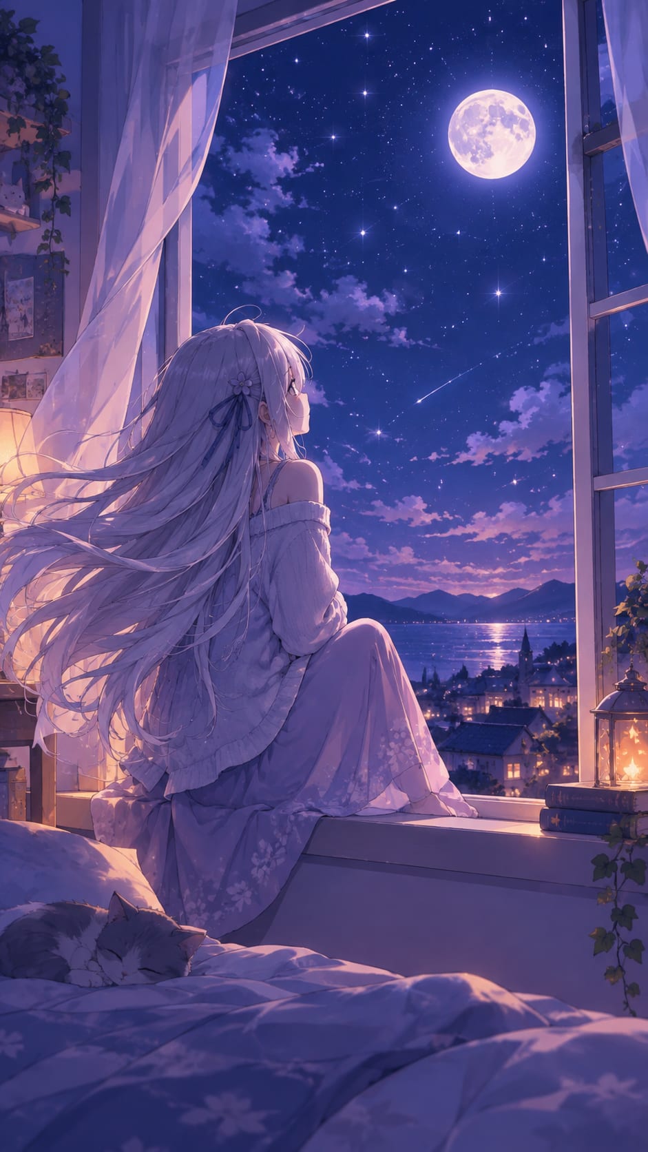 Moonlit Reverie — Silver-Haired Anime Girl Wallpaper free HD and 4K wallpaper