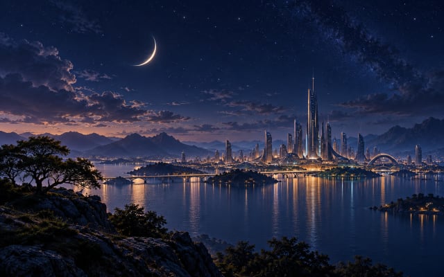 Crescent Over City — Tablet Wallpaper wallpaper
