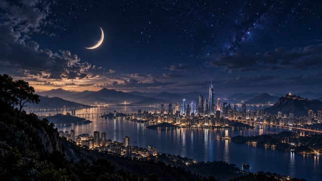 Crescent Over City — Desktop Wallpaper wallpaper