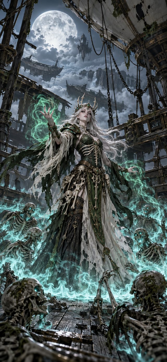 Moonlit Necromancer — Wrecked Airship · bone white and moss green velvet dusk wallpaper
