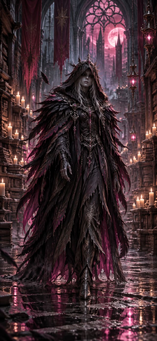 Frostbound Reaper — Candlelit Archive · magenta and graphite frosted midnight wallpaper