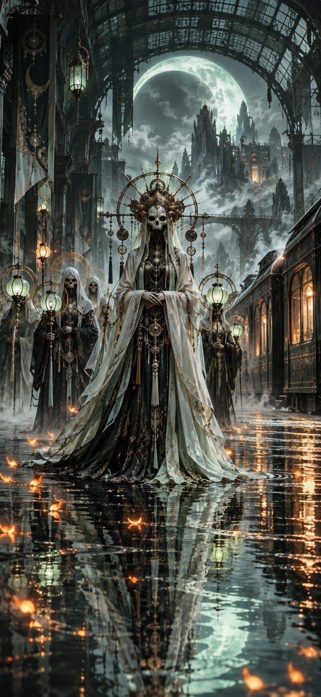 Bone Choir Herald — Last Train Platform · pale jade and ink black moonlit haze wallpaper
