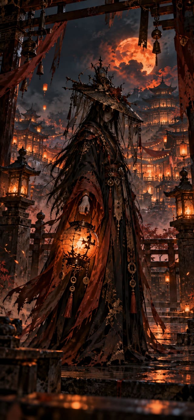 Night Market Phantom — Rooftop Shrine · burnt orange and midnight ember-lit shadows wallpaper