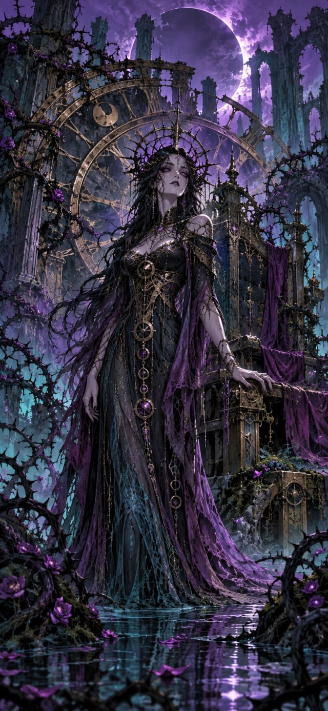 Mireborn Oracle — Thorn Maze · violet and deep teal velvet dusk wallpaper