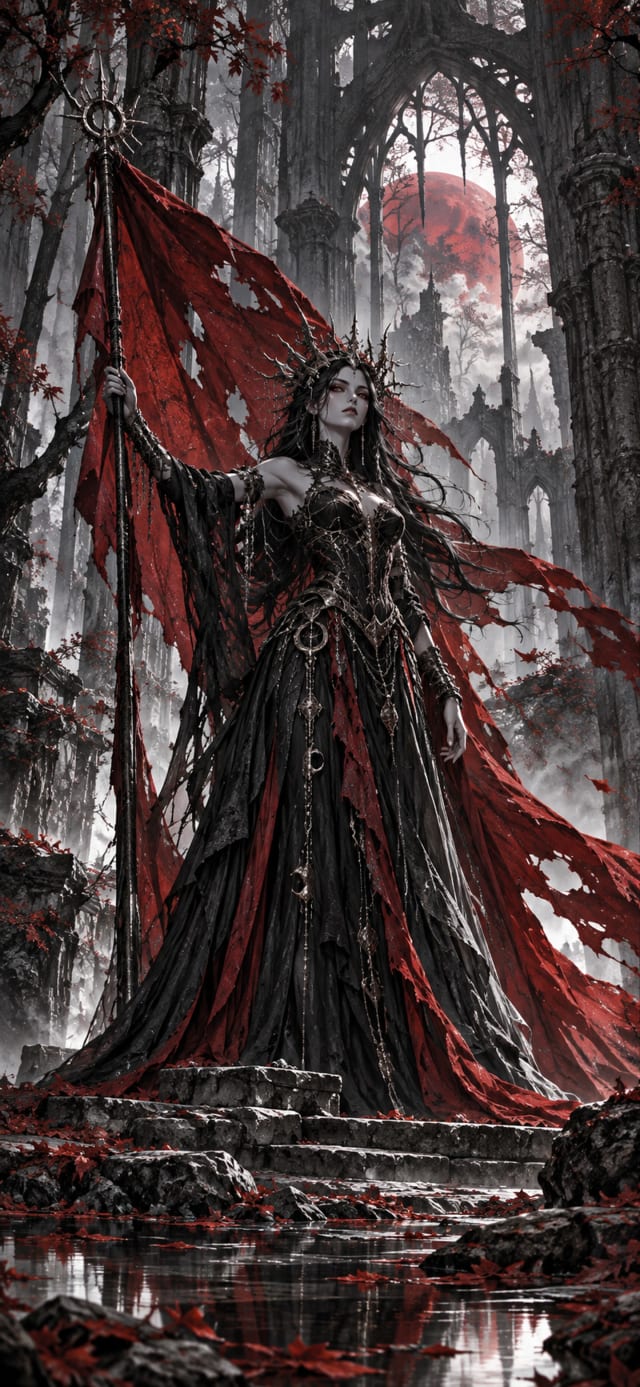 Obsidian Huntress — Hollow Forest · monochrome with one crimson accent frosted midnight wallpaper