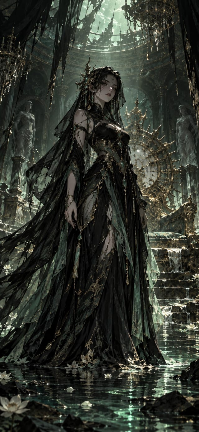 Venom Veil Assassin — Sunken Ballroom · pale jade and ink black mist-veiled silence wallpaper