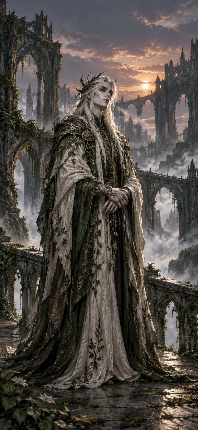 Crypt Garden Keeper — Ruined Skybridge · bone white and moss green velvet dusk wallpaper