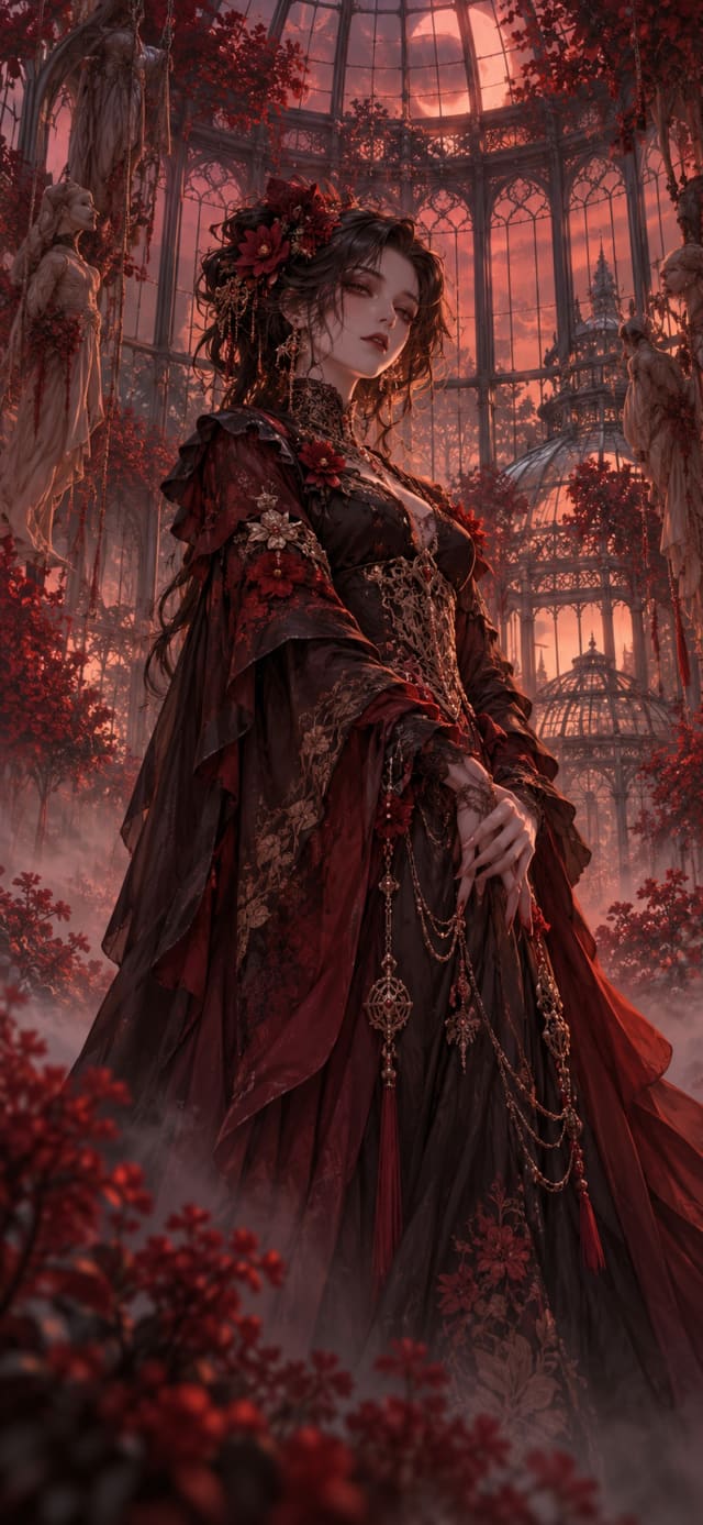 Graveyard Puppeteer — Crimson Conservatory · oxblood and smoke copper twilight wallpaper