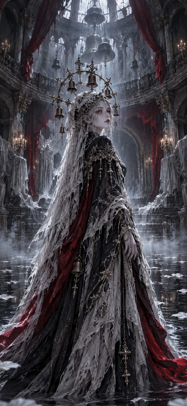 Drowned Bell Keeper — Abandoned Opera House · monochrome with one crimson accent frosted midnight wallpaper