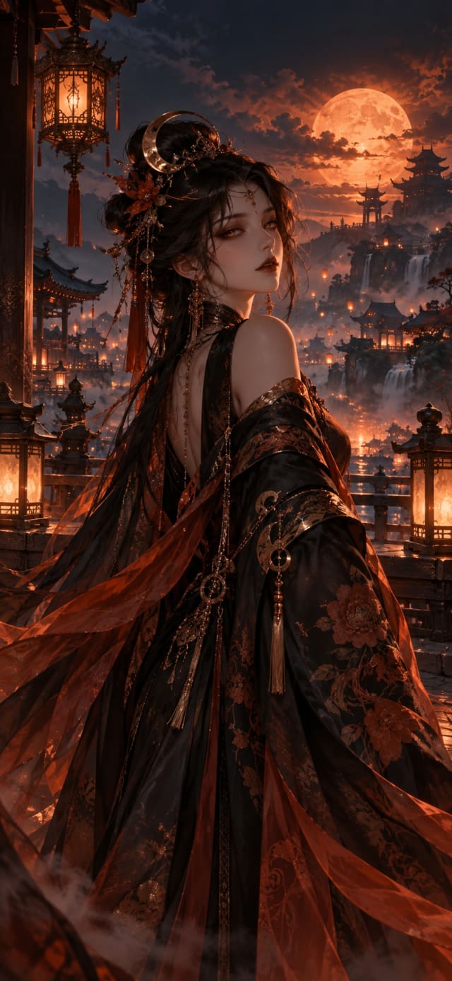 Night Market Phantom — Rooftop Shrine · burnt orange and midnight copper twilight wallpaper