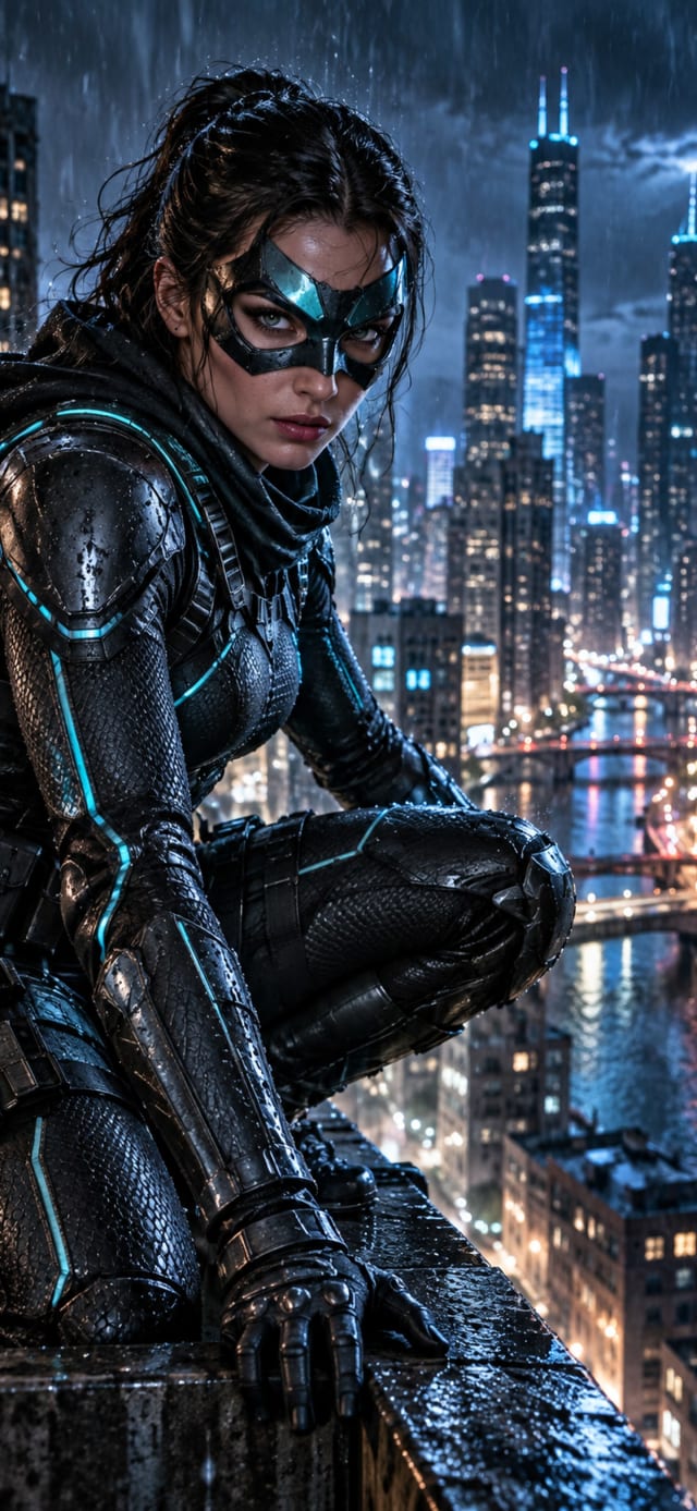 Azure Rooftop Scout — Neon Masked Heroine Mobile Wallpaper wallpaper