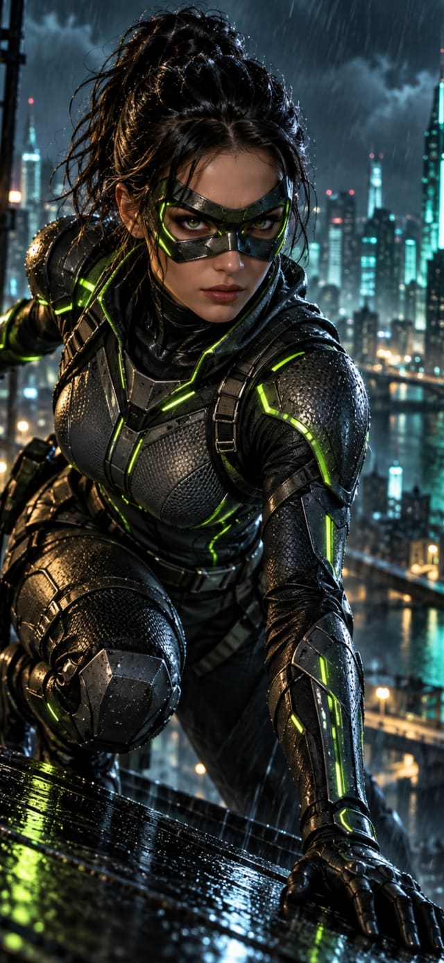 Viridian Night Runner — Neon Masked Heroine Mobile Wallpaper wallpaper