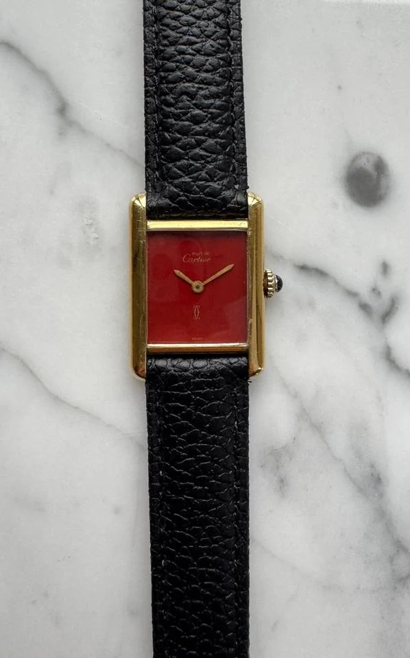 Cartier Tank Vermeil Gold Plated 20x28mm Manual Winding Rare Coral Red/Bordeaux Dial Unpolished Serviced May 2026