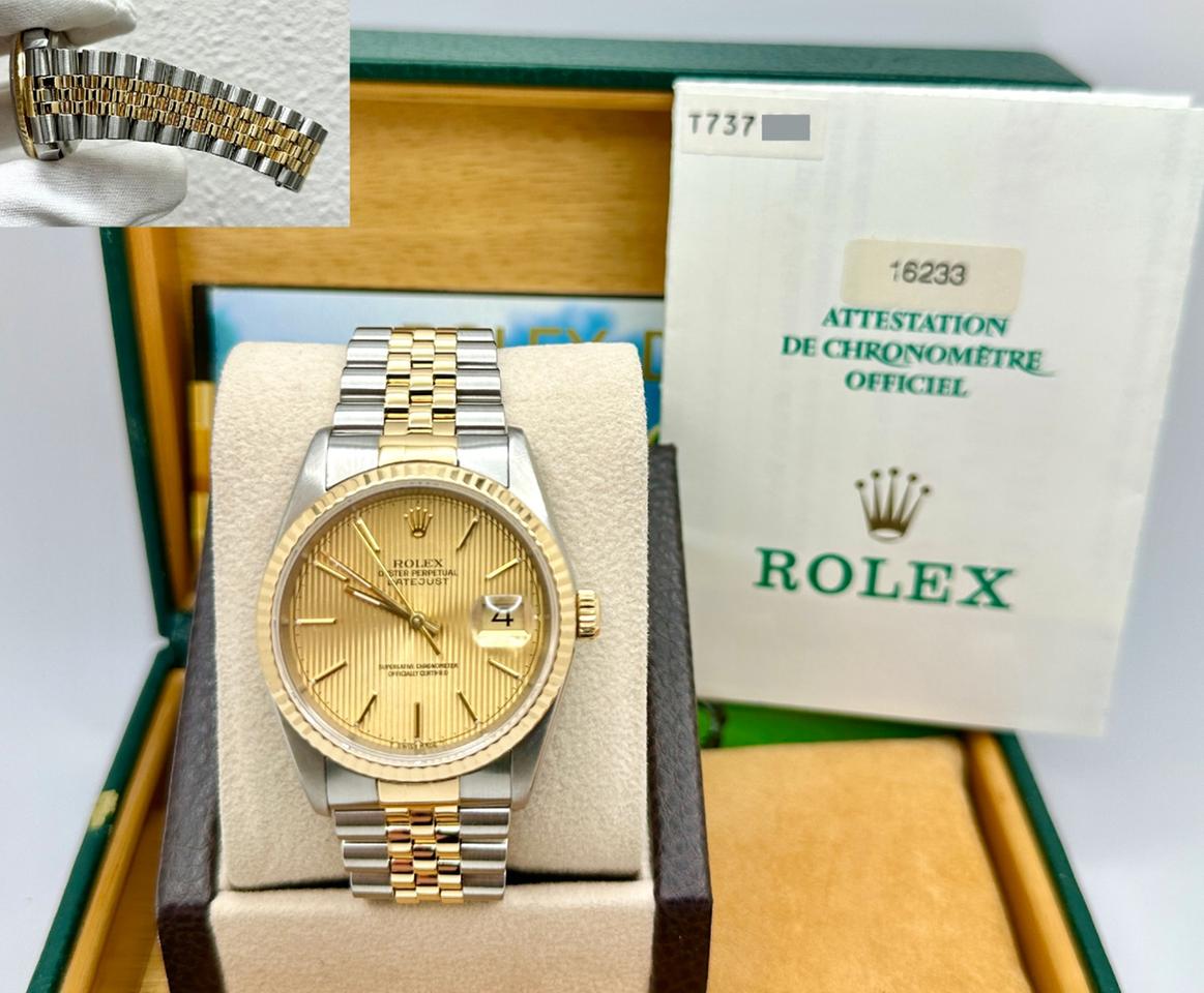 Rolex Datejust 36 16233 36mm Champagne Tapestry Dial 18k Gold Steel Box Paper